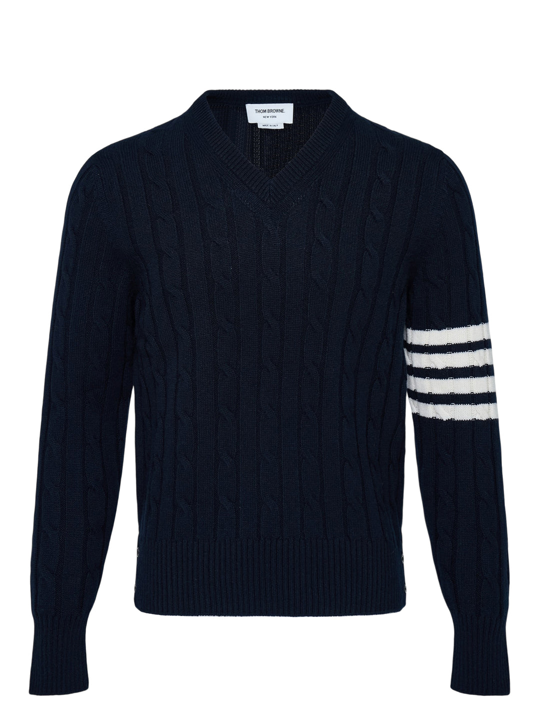 Thom Browne navy cable-knit relaxed fit V-neck sweater with white 4-bar stripe on the sleeve