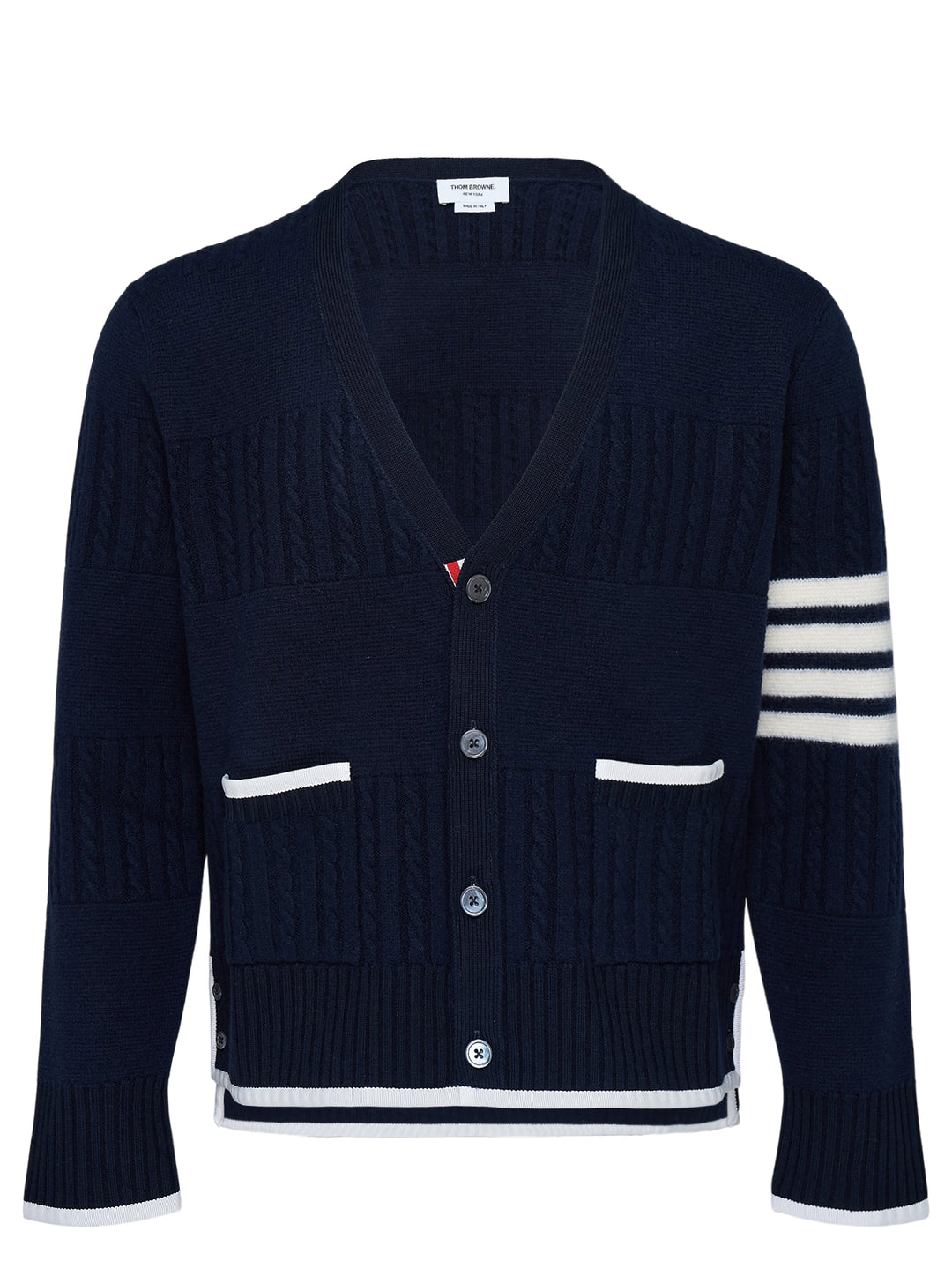 Thom Browne navy V-neck cardigan with cable and Milano stitch panels, white grosgrain trim and signature 4-bar stripe on the sleeve