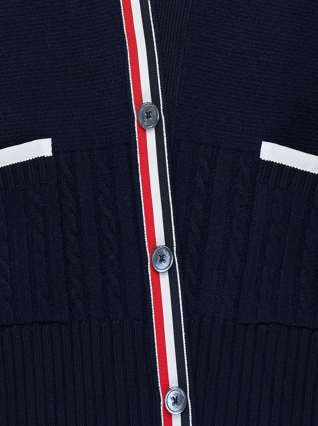Thom Browne navy V-neck cardigan with cable and Milano stitch panels, white grosgrain trim and signature 4-bar stripe on the sleeve - view 3