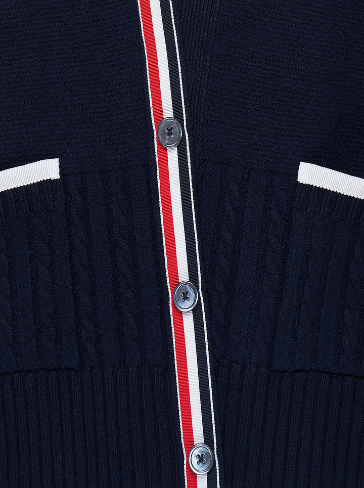 Thom Browne navy V-neck cardigan with cable and Milano stitch panels, white grosgrain trim and signature 4-bar stripe on the sleeve - view 3