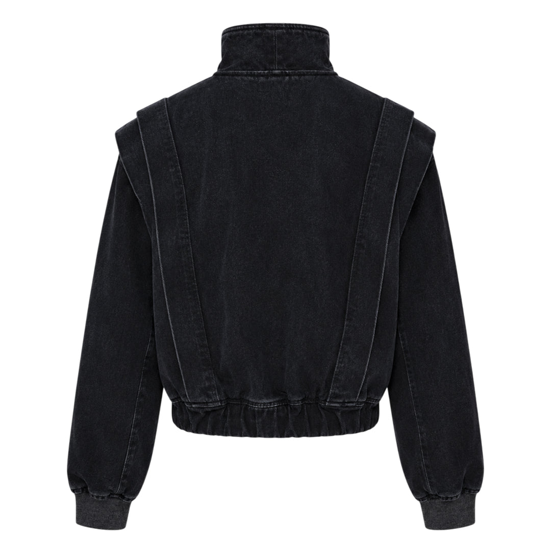 pushBUTTON Black Vintage Wash High-Neck Jacket — cropped black denim bomber with asymmetric crossover collar, padded shoulders, tonal seam panelling, and ribbed elasticated hem and cuffs - view 2