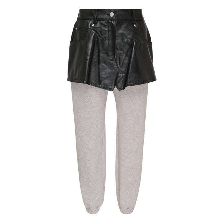 pushBUTTON black faux-leather mini skirt overlay layered over grey marl tapered sweatpants with elasticated cuffs and silver rivet hardware