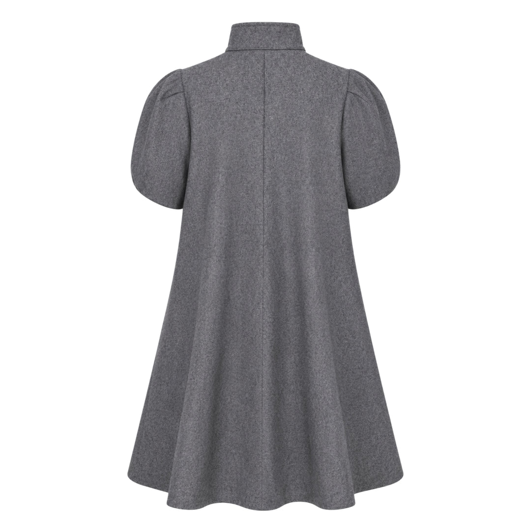 pushBUTTON gray heathered wool-blend mini dress with oversized bow collar, curved chest yoke, button placket, and puff sleeves in a flared A-line silhouette - view 2