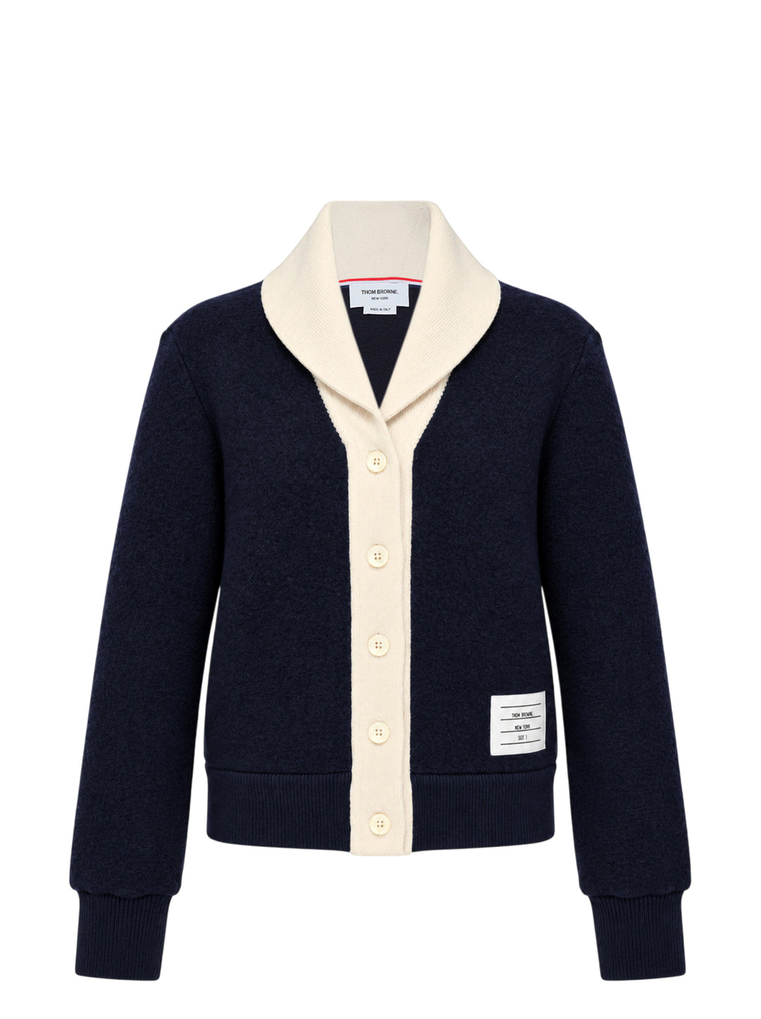 Thom Browne navy wool cardigan jacket with cream ribbed shawl collar, contrast button placket and woven label at the hem