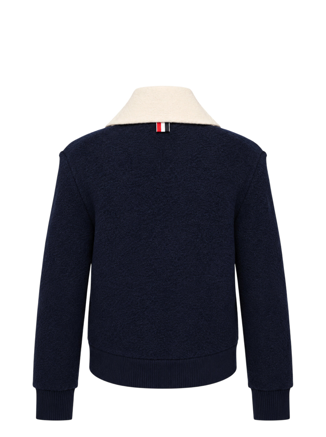 Thom Browne navy wool cardigan jacket with cream ribbed shawl collar, contrast button placket and woven label at the hem - view 2