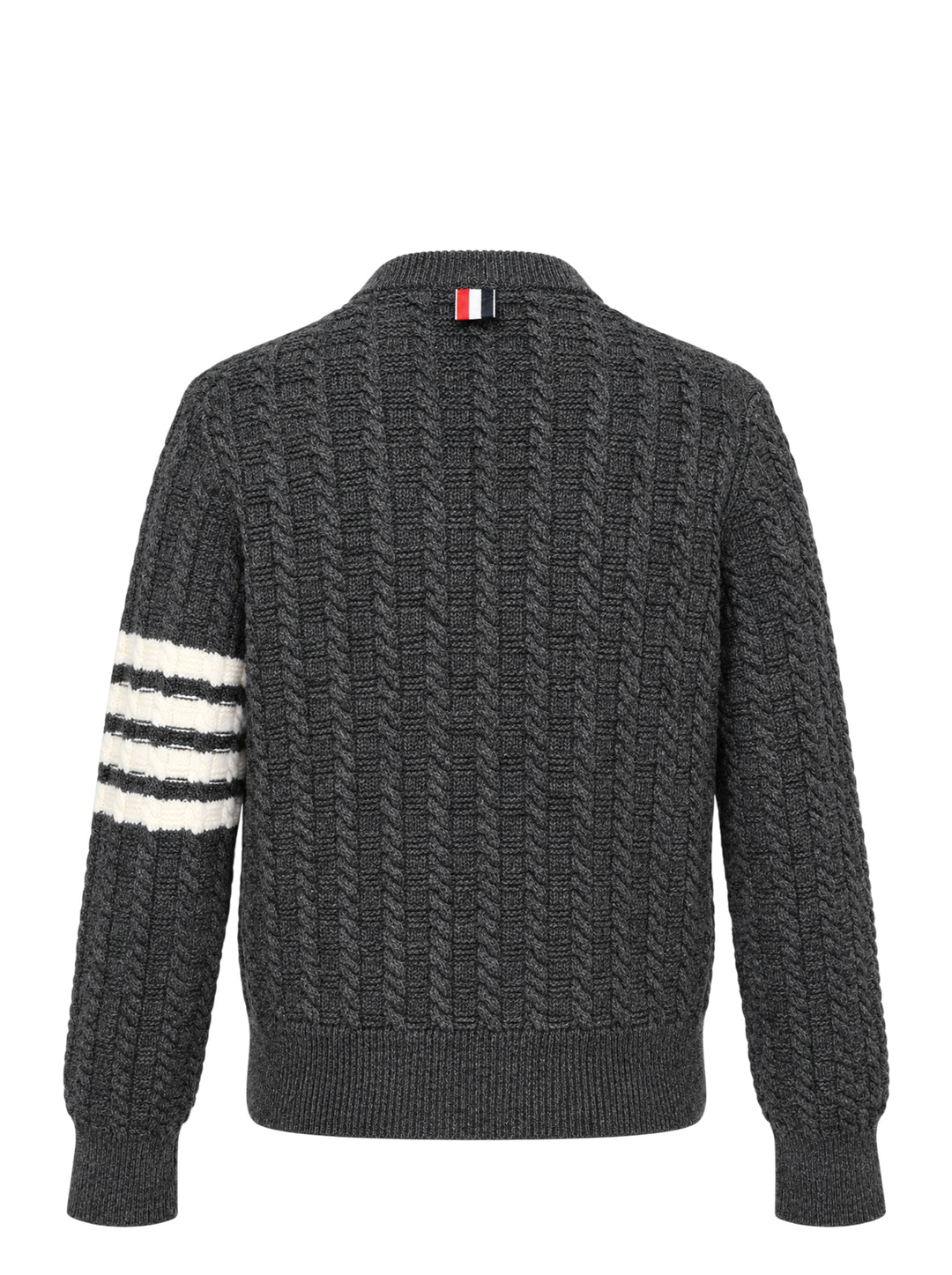 Thom Browne charcoal cable-knit crewneck sweater with cream anchor intarsia on the front and signature 4-bar stripe on the sleeve - view 2