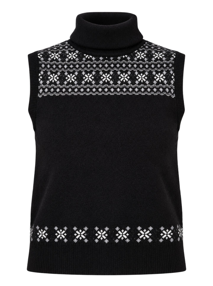 Black sleeveless turtleneck knit vest with white and grey Icelandic Fair Isle snowflake pattern across the yoke and hem
