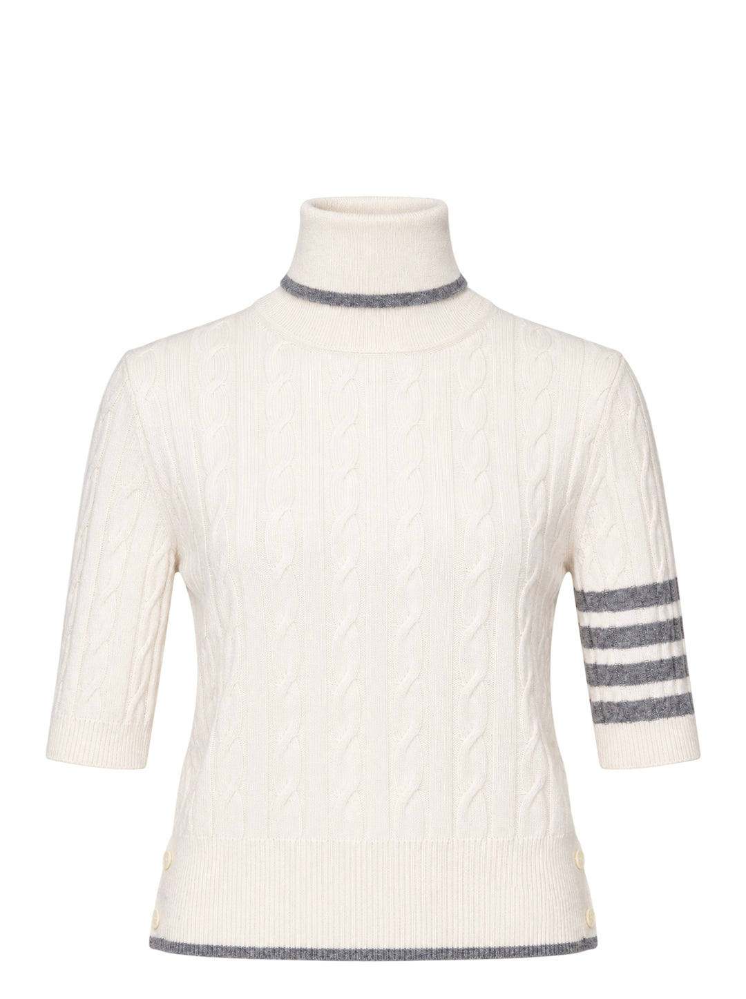 Thom Browne cream baby cable-knit short sleeve turtleneck with grey tipping and 4-bar stripe on the sleeve