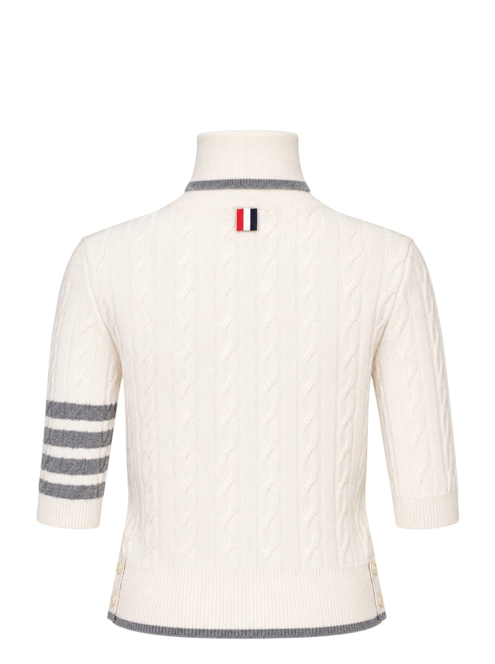 Thom Browne cream baby cable-knit short sleeve turtleneck with grey tipping and 4-bar stripe on the sleeve - view 2