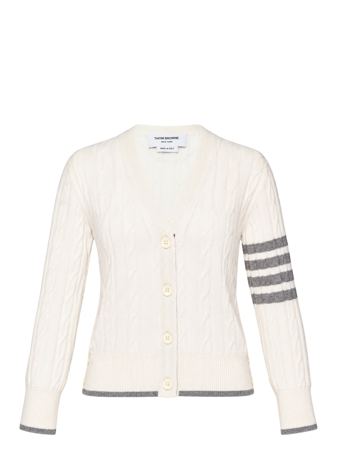 Thom Browne cream cable-knit V-neck cardigan with grey 4-bar stripes on the sleeve and contrast grey trim at the hem and cuffs