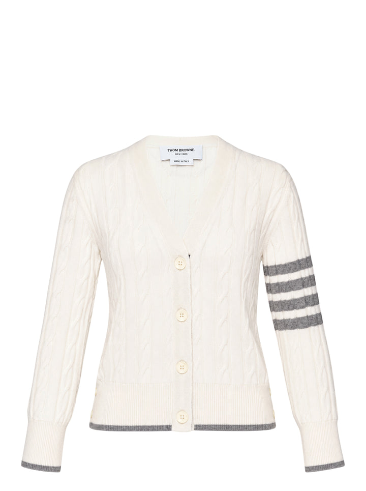 Thom Browne cream cable-knit V-neck cardigan with grey 4-bar stripes on the sleeve and contrast grey trim at the hem and cuffs