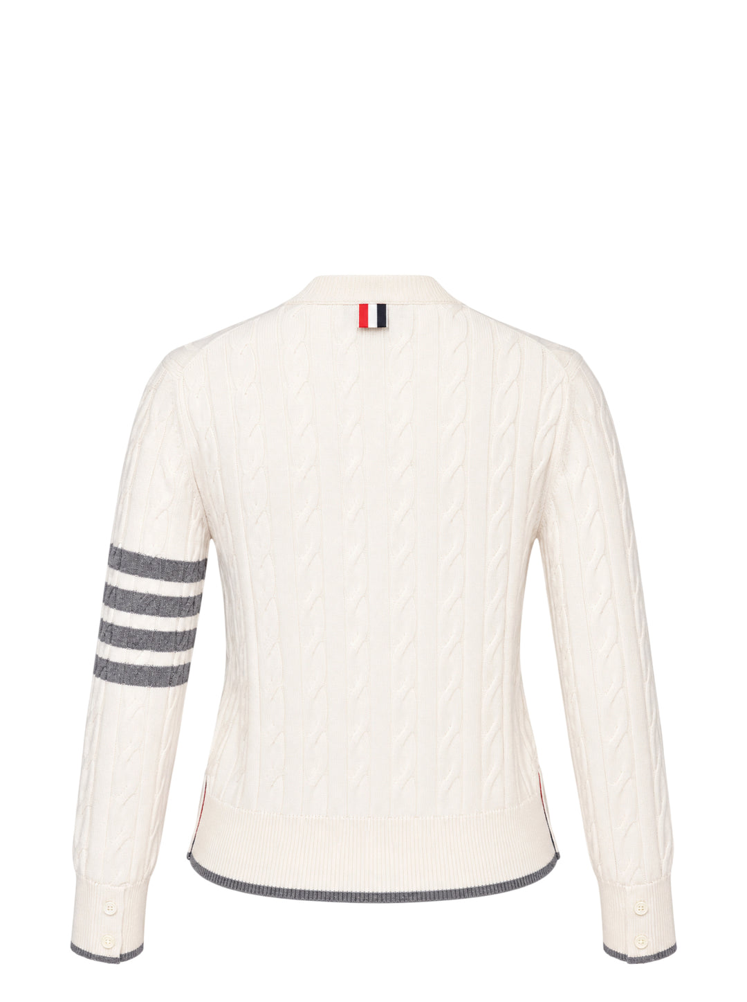 Thom Browne cream cable-knit V-neck cardigan with grey 4-bar stripes on the sleeve and contrast grey trim at the hem and cuffs - view 2