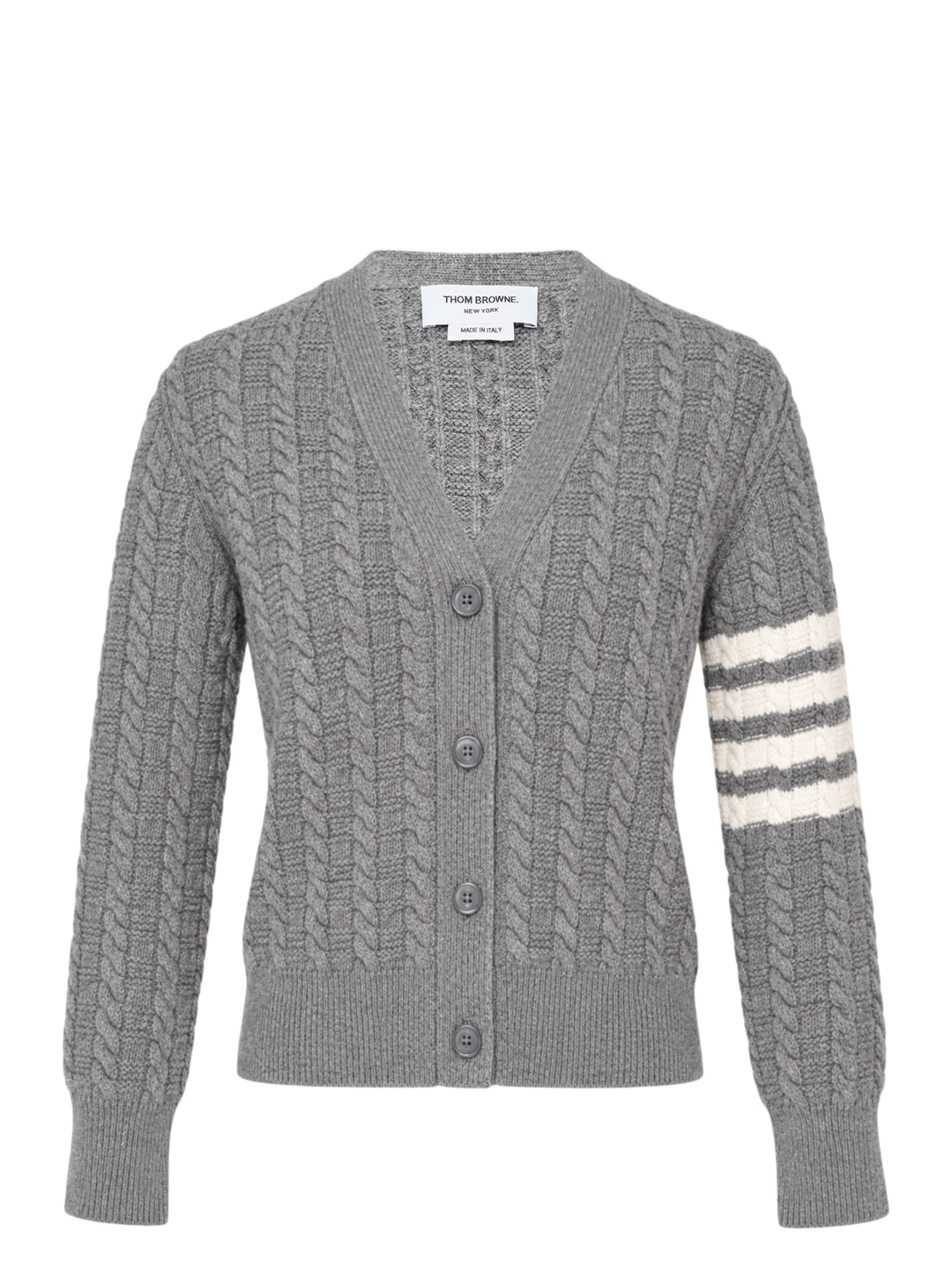 Thom Browne grey cable knit V-neck cardigan with cream 4-bar stripe on the sleeve and button front