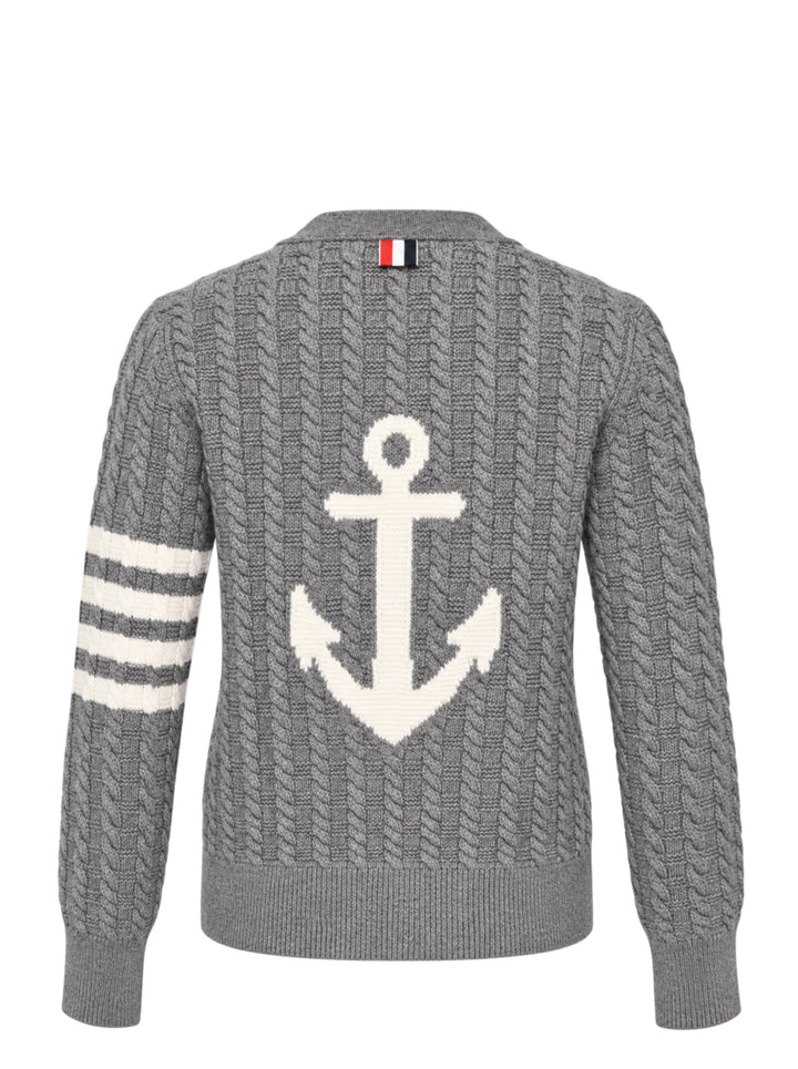 Thom Browne grey cable knit V-neck cardigan with cream 4-bar stripe on the sleeve and button front - view 2