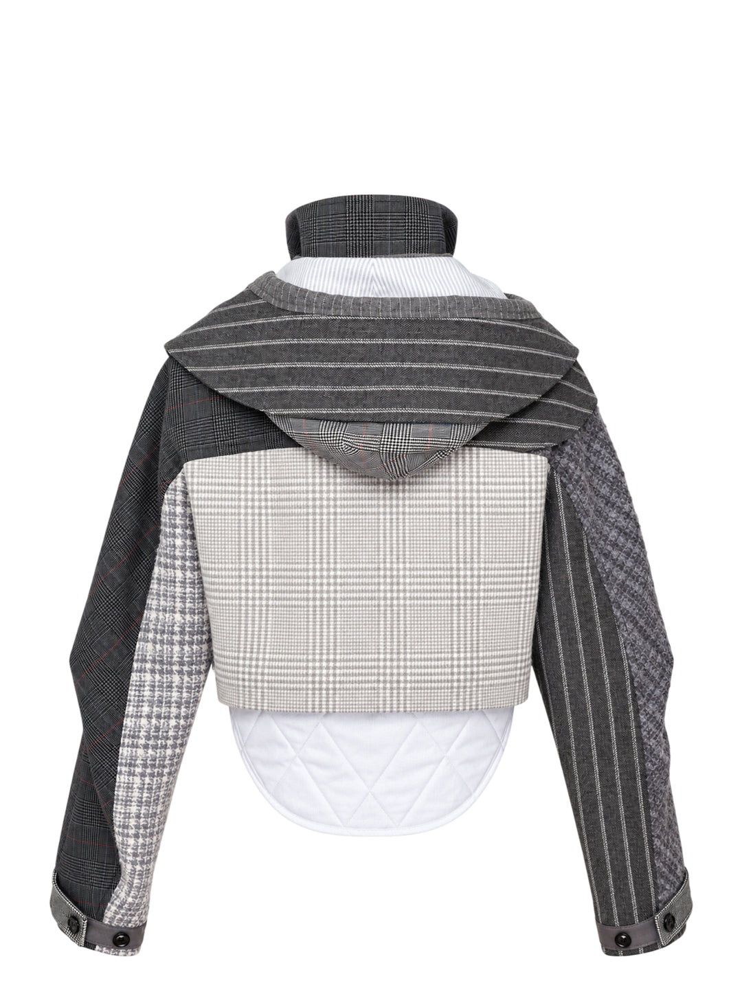 Thom Browne cropped tailored parka in grey patchwork of pinstripe, glen check and houndstooth with layered collar, flap chest pockets and quilted white curved hem - view 2