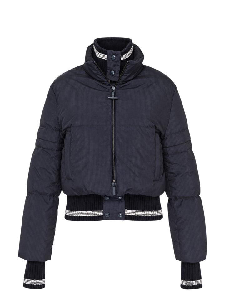 Thom Browne navy cropped down-filled zip front jacket with ripstop shell and striped rib knit collar, hem and cuffs