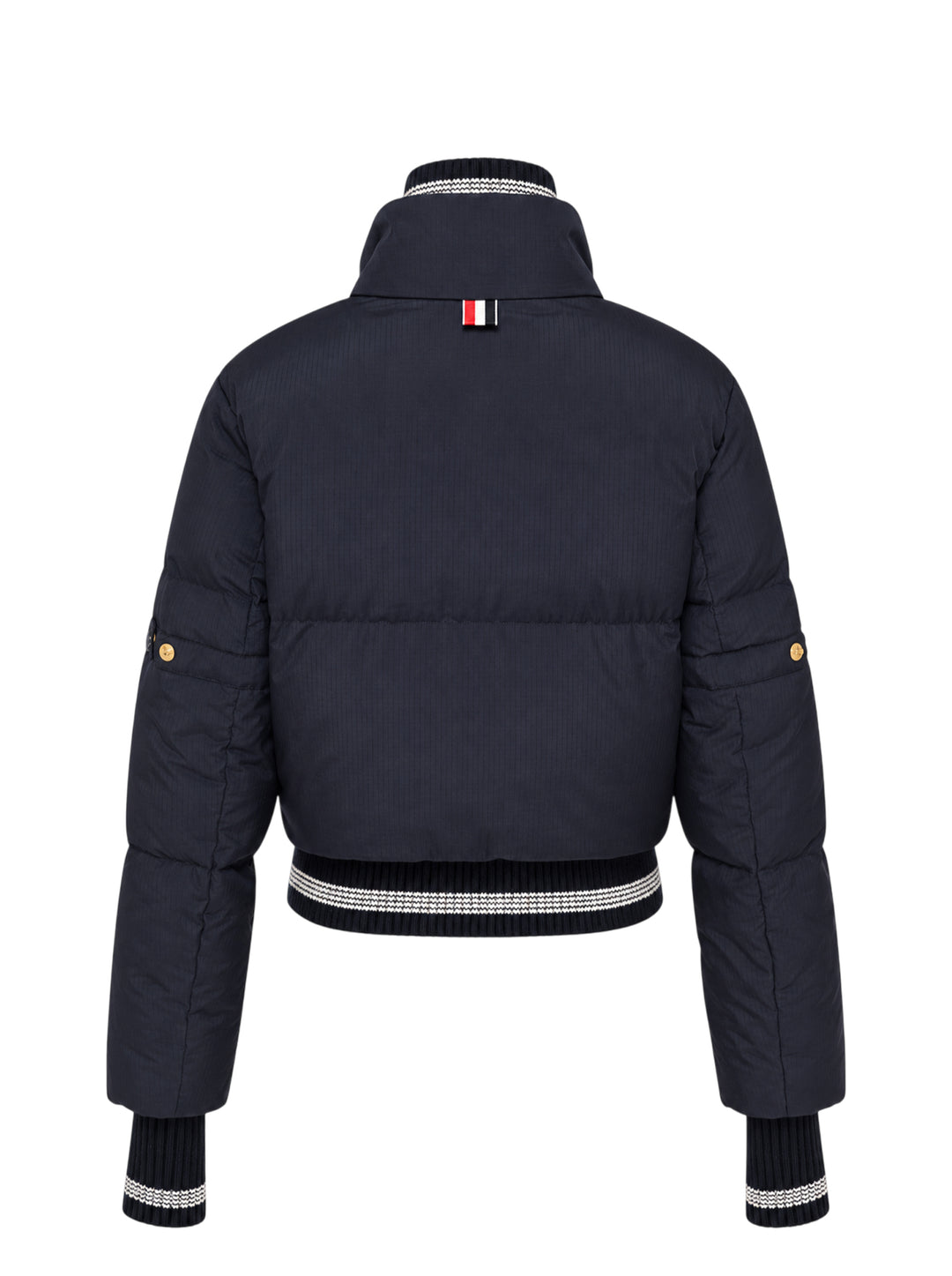 Thom Browne navy cropped down-filled zip front jacket with ripstop shell and striped rib knit collar, hem and cuffs - view 2