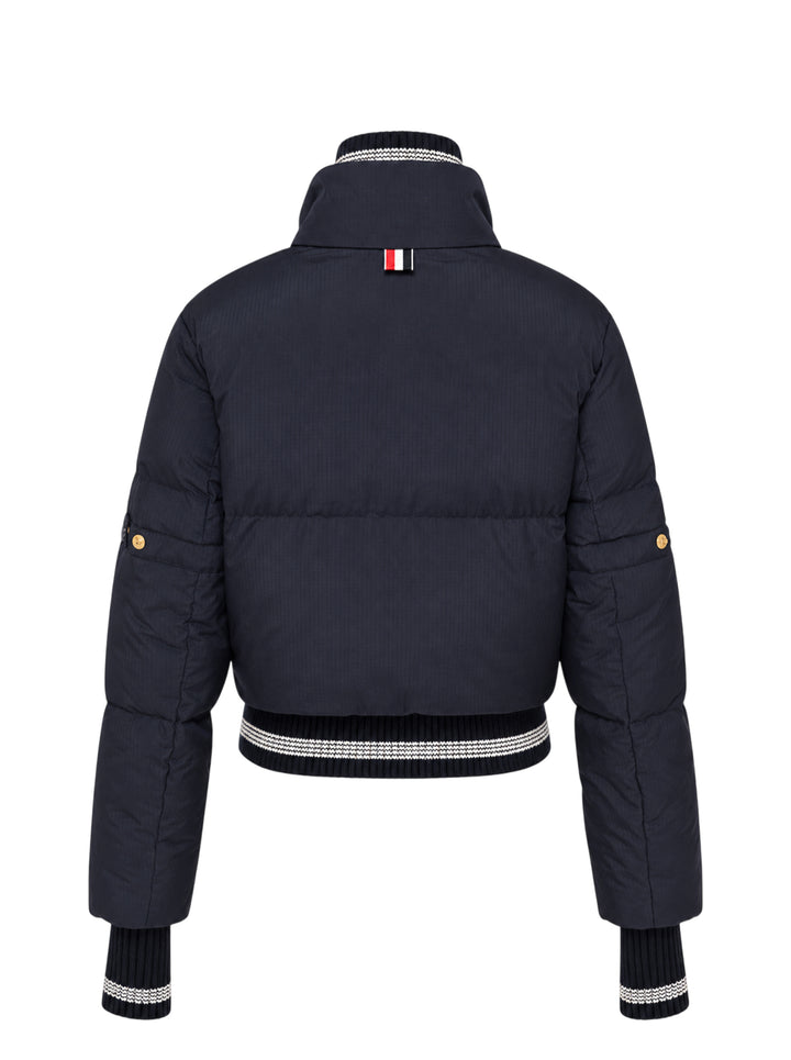 Thom Browne navy cropped down-filled zip front jacket with ripstop shell and striped rib knit collar, hem and cuffs - view 2