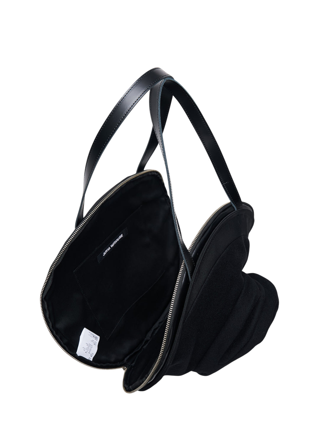 Junya Watanabe black circular top handle bag with three-dimensional draped rose appliqué on the front, leather strap, and silver-tone zip closure - view 3