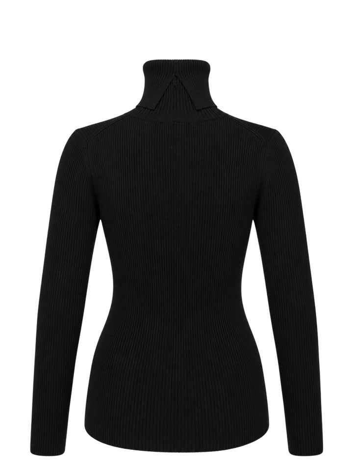 Junya Watanabe black ribbed turtleneck knit top with long raglan sleeves and fitted silhouette, front view - view 2