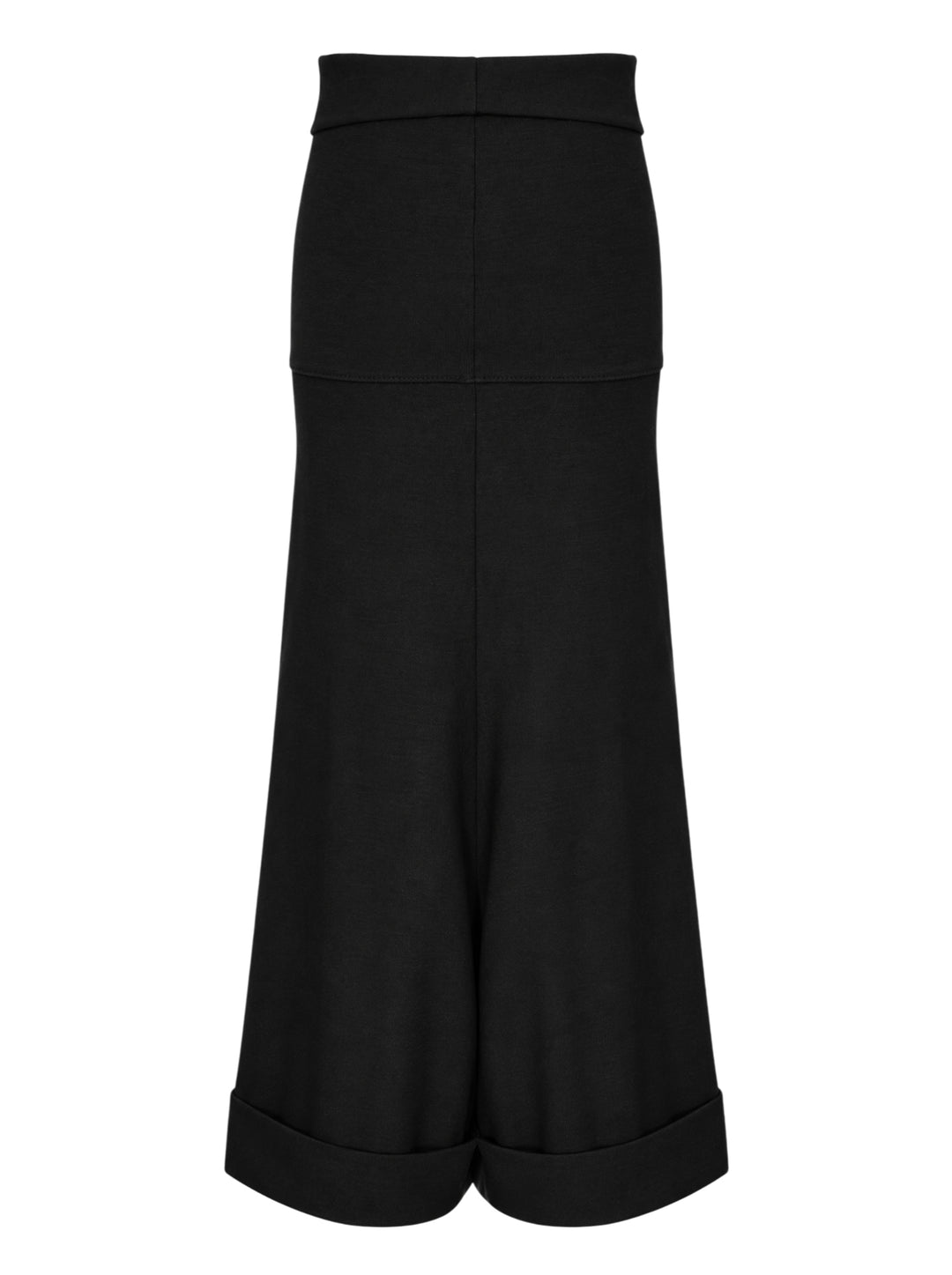 Junya Watanabe straight-leg minimal pants in black, featuring a fold-over waistband, wide silhouette, centre-front seam, and deep turned cuff at the hem, displayed flat on a white background - view 2