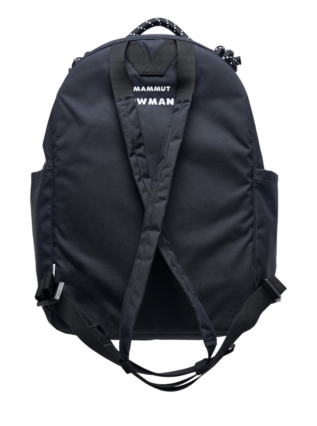 Junya Watanabe x Mammut black backpack with front zip pocket and a plush black mammoth charm clipped to the base - view 2