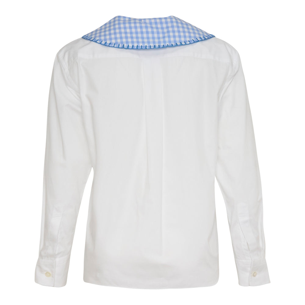 Tao white long-sleeve button-up blouse with an oversized blue gingham Peter Pan collar featuring scalloped trim and pearlescent back button fastening, shown from the back