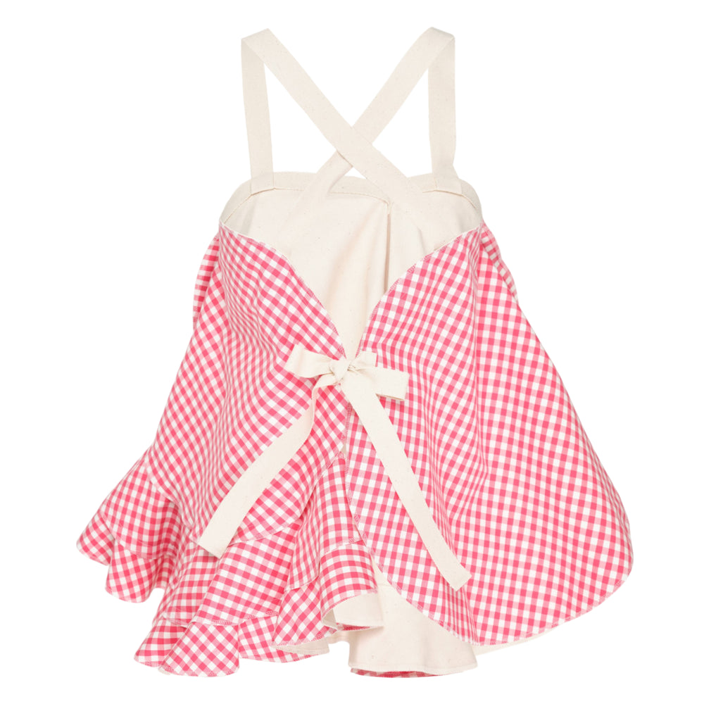 Tao pink and white gingham camisole top with crossover cream straps, sweetheart bodice, and asymmetric tiered ruffle hem, shown flat on white background