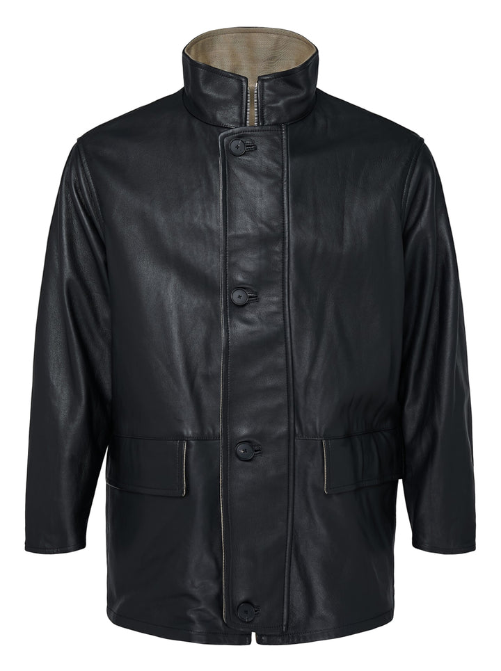 Auralee reversible wool twisted twill coat in beige with stand collar, button front and black leather reverse visible at the collar - view 3