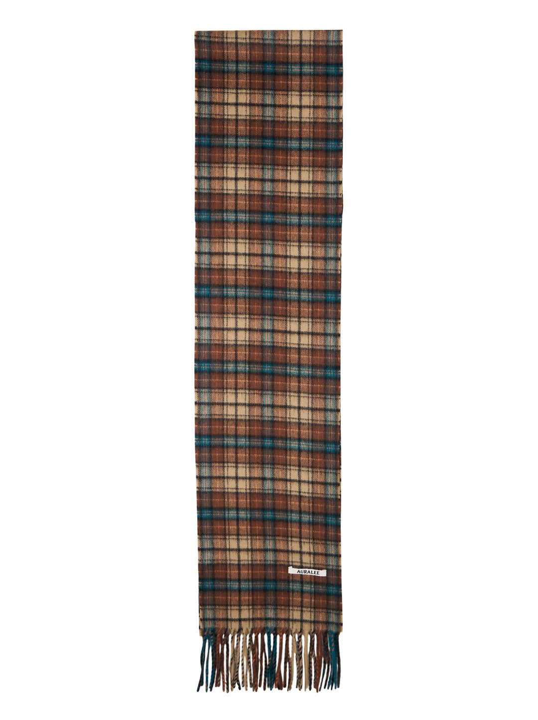 Auralee cashmere long stole in a brown, tan and teal check pattern with twisted fringe ends