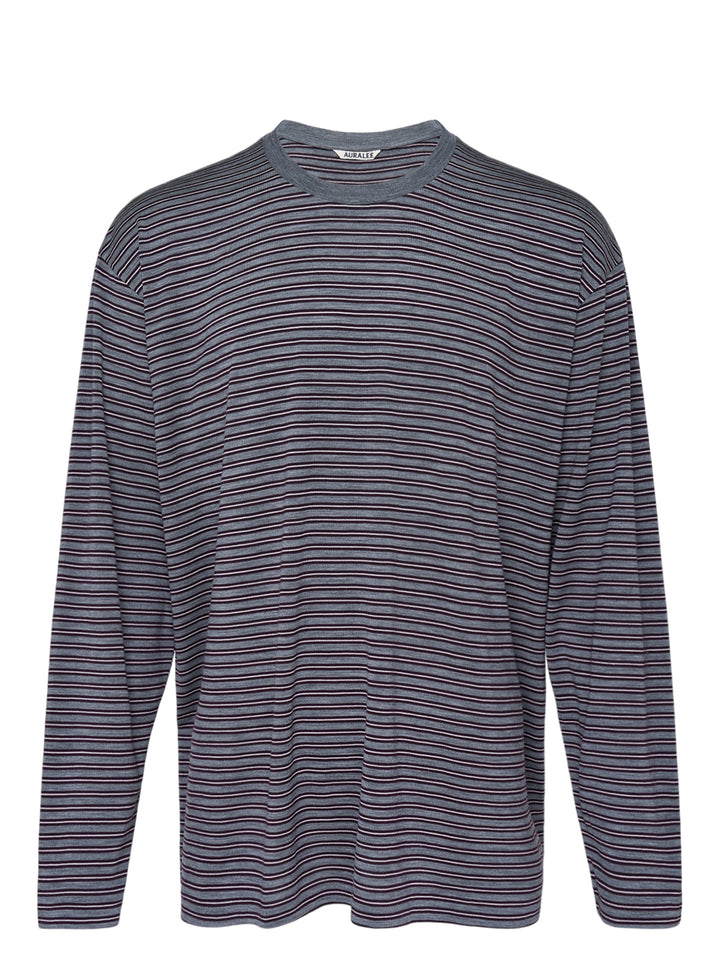 Auralee soft smooth wool stripe long sleeve tee in heather grey with fine plum and white stripes, shown flat from the front