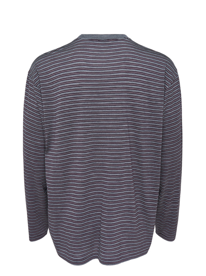 Auralee soft smooth wool stripe long sleeve tee in heather grey with fine plum and white stripes, shown flat from the front - view 2