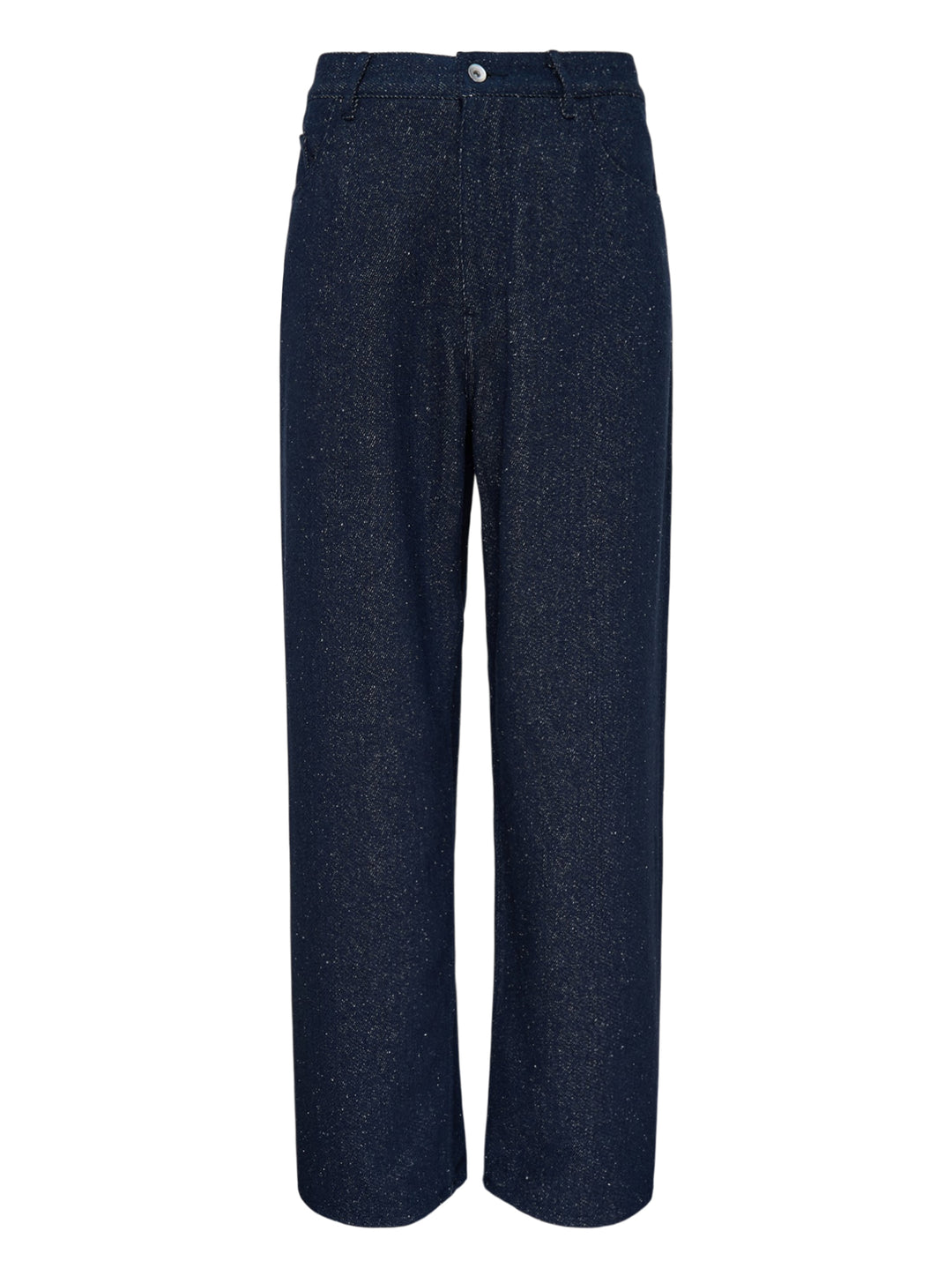 Auralee silk nep denim five-pocket wide pants in flecked dark indigo, shown front view