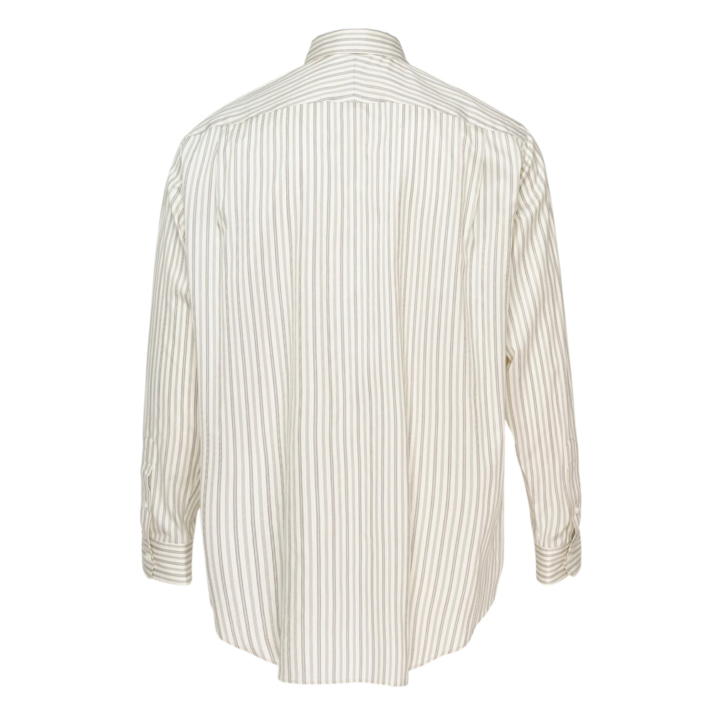 Auralee Cotton Silk Stripe Long Sleeve Shirt in ivory and sage, shown flat with point collar and button-through front fastening - view 2