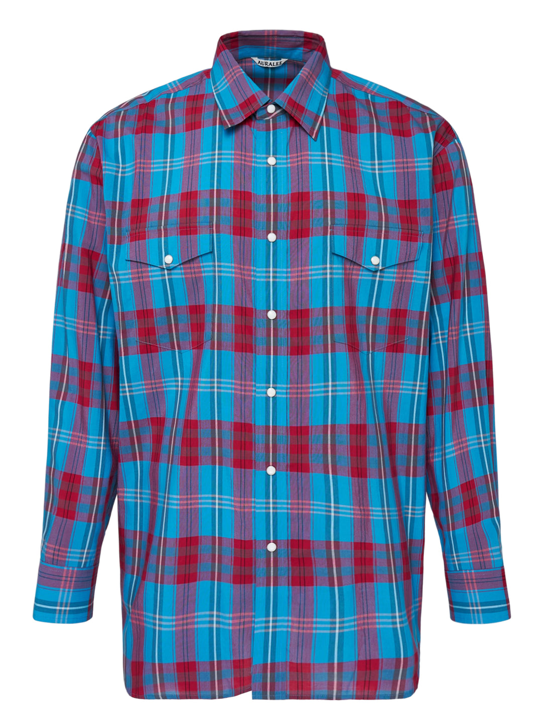 Auralee High Twist Cotton Silk Check long sleeve shirt in blue and red plaid with snap buttons and twin flap chest pockets