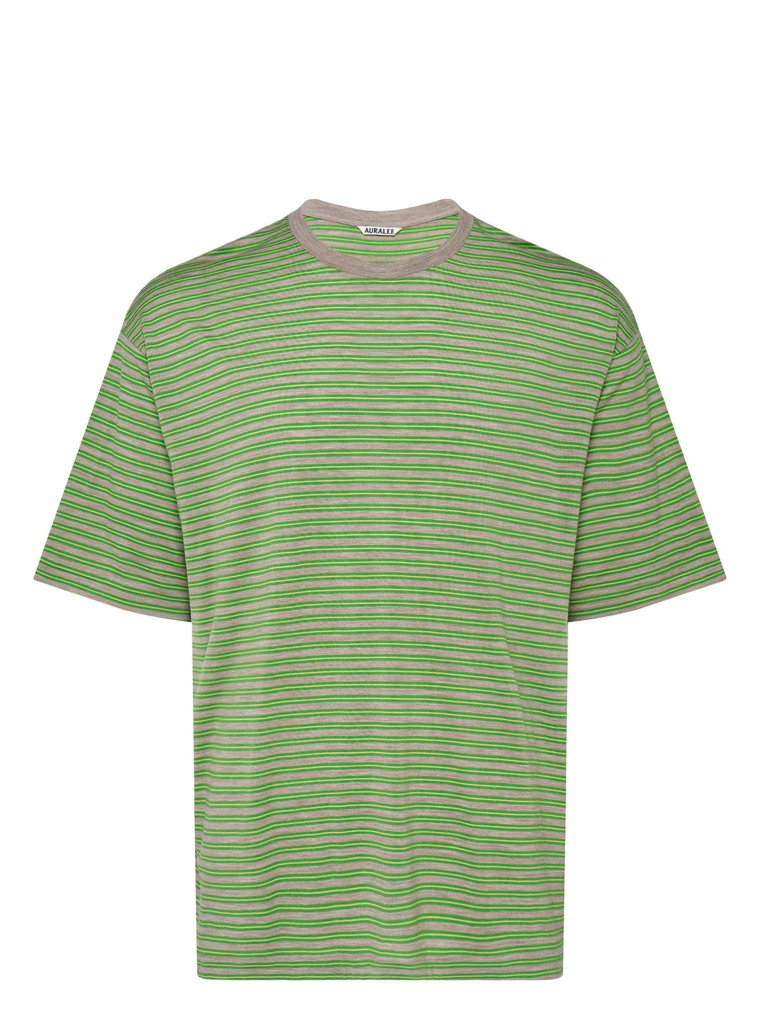 Auralee oversized short-sleeve tee in soft wool jersey with fine green and taupe horizontal stripes and a taupe ribbed crew neck