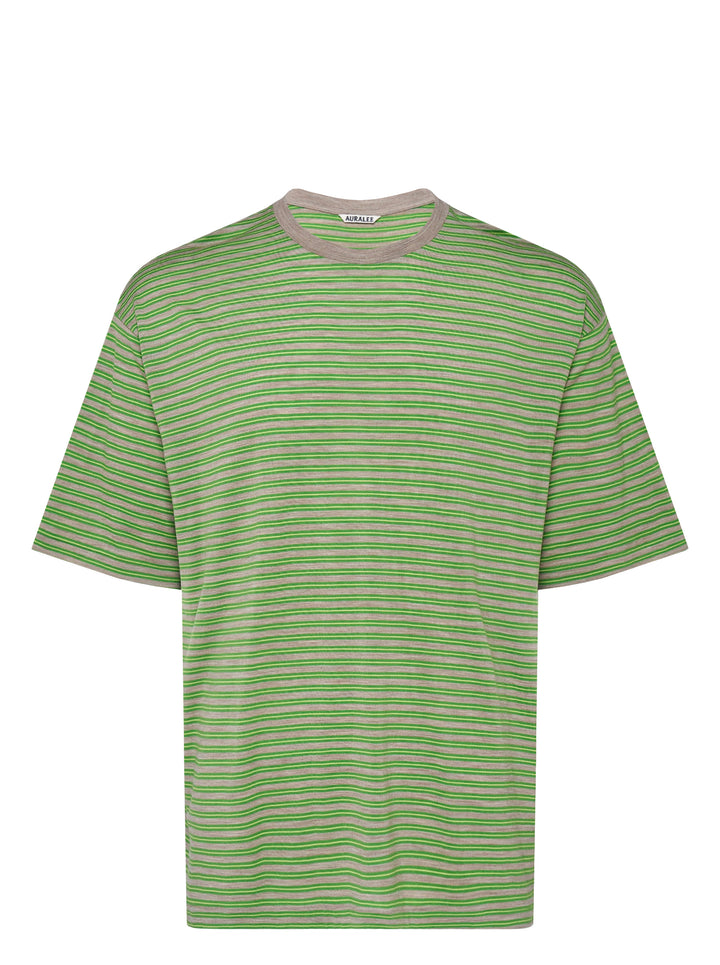 Auralee oversized short-sleeve tee in soft wool jersey with fine green and taupe horizontal stripes and a taupe ribbed crew neck