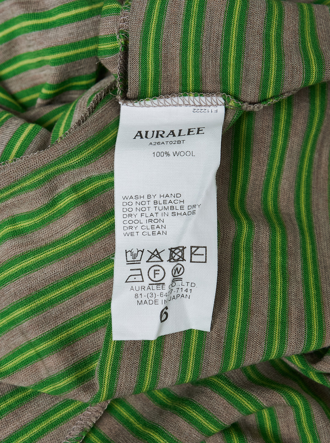 Auralee oversized short-sleeve tee in soft wool jersey with fine green and taupe horizontal stripes and a taupe ribbed crew neck - view 3