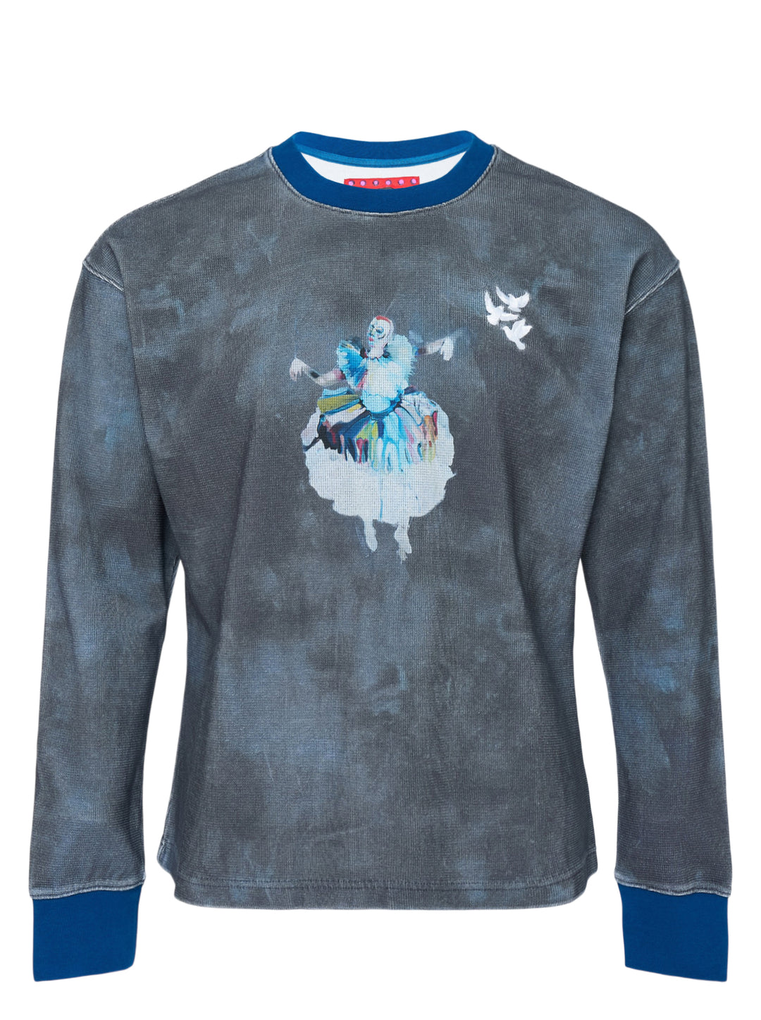 KidSuper Studios Puppet Master Thermal in washed grey-blue tie-dye waffle knit with a painted dancer graphic, white dove embroidery and contrast blue collar and cuffs