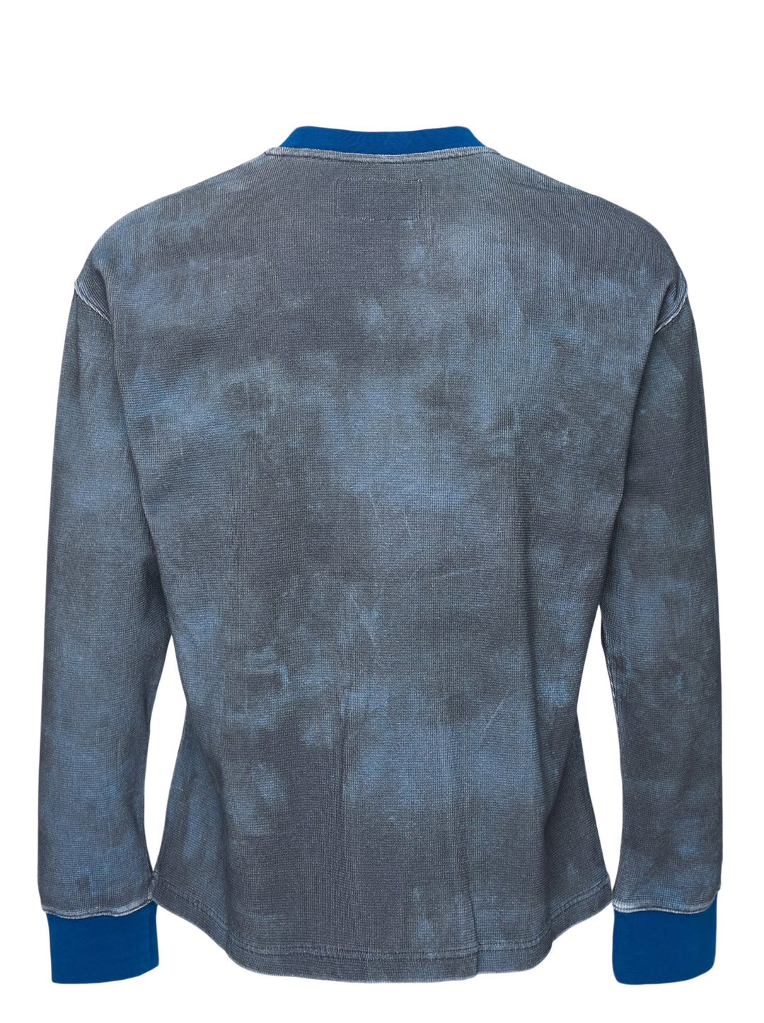 KidSuper Studios Puppet Master Thermal in washed grey-blue tie-dye waffle knit with a painted dancer graphic, white dove embroidery and contrast blue collar and cuffs - view 2