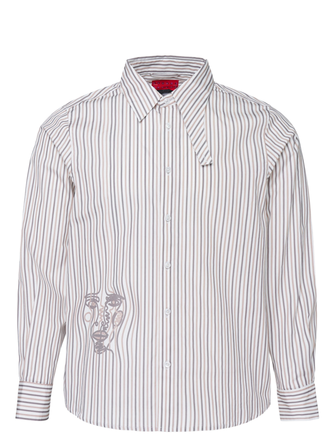 KidSuper Studios long sleeve striped button-up shirt in white, grey and taupe with an abstract line-drawn face print at the hem and an asymmetric collar
