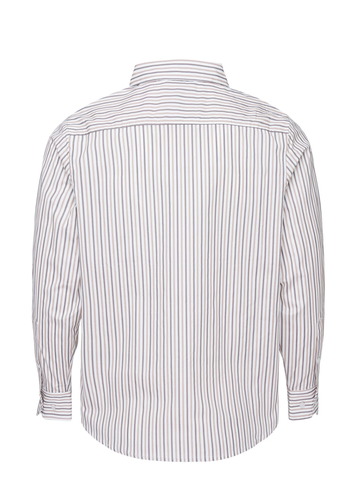 KidSuper Studios long sleeve striped button-up shirt in white, grey and taupe with an abstract line-drawn face print at the hem and an asymmetric collar - view 2