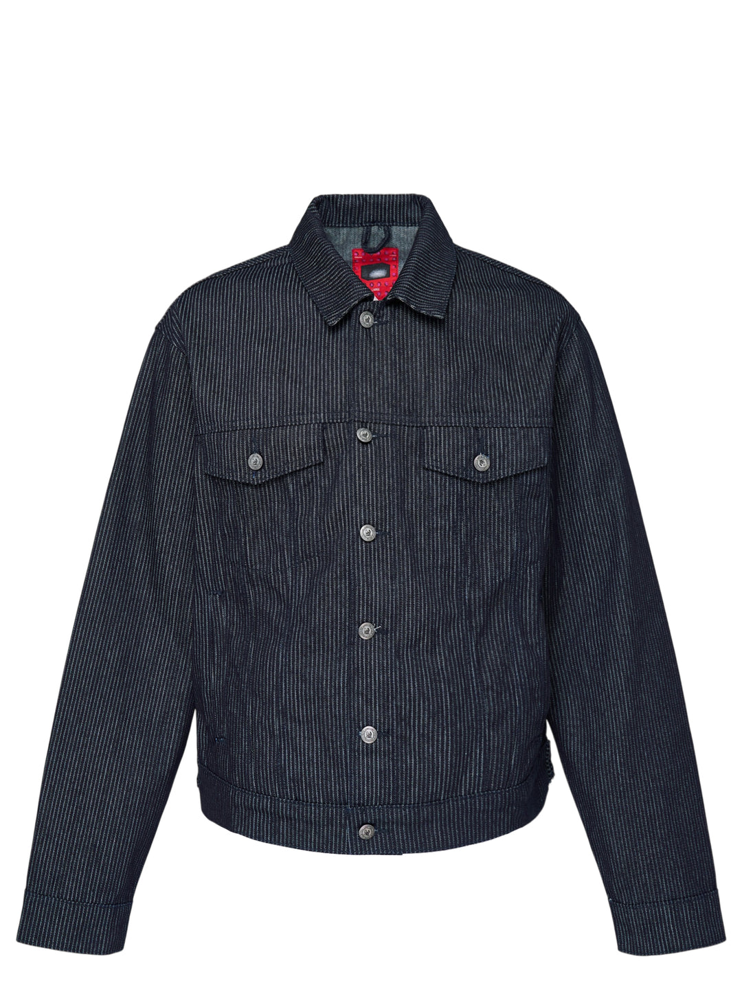 KidSuper Studios Stripe Dove Denim Jacket in dark indigo pinstriped denim with button front and chest flap pockets