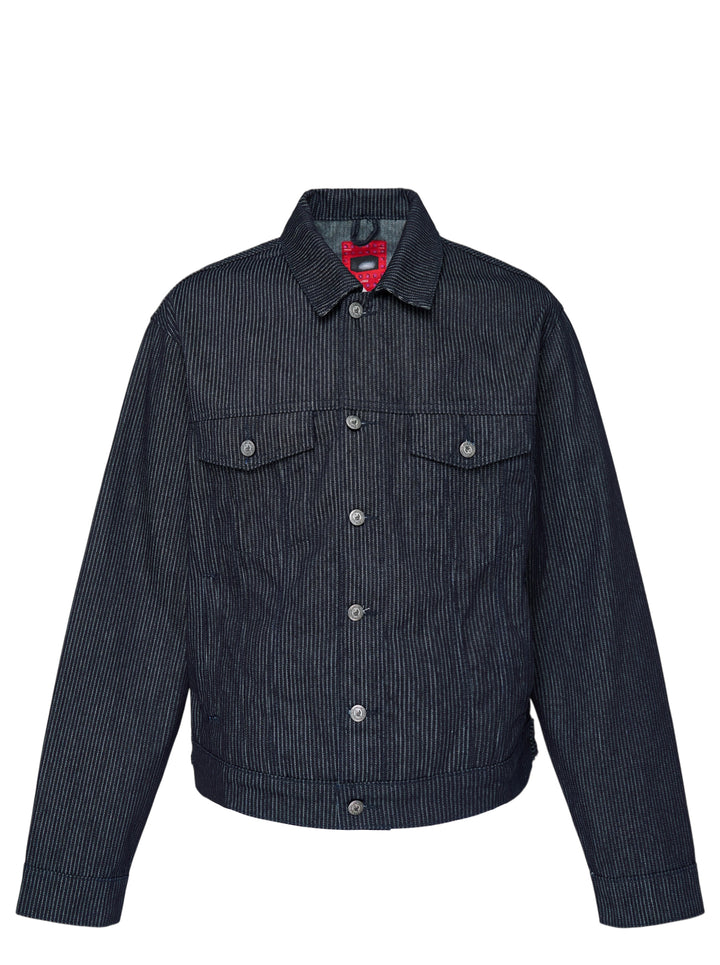 KidSuper Studios Stripe Dove Denim Jacket in dark indigo pinstriped denim with button front and chest flap pockets