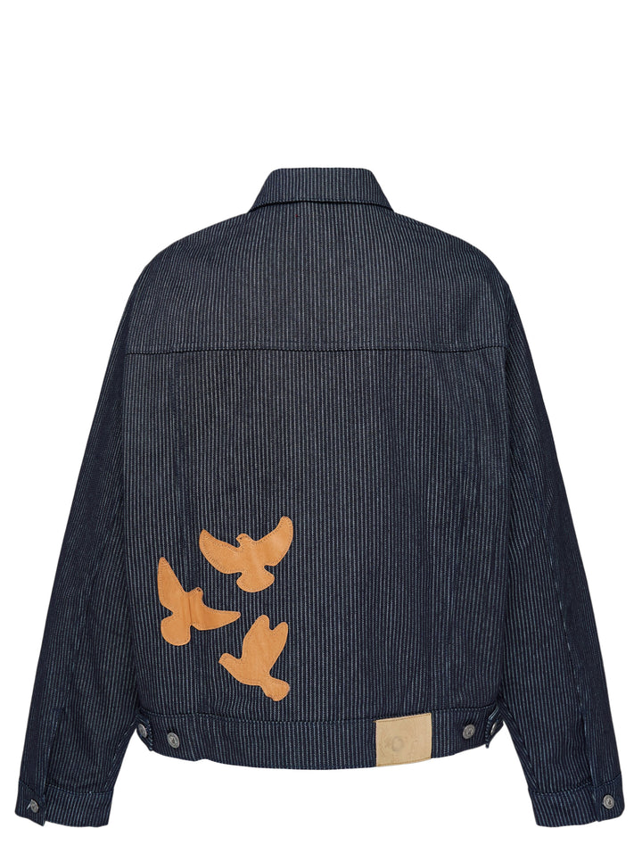 KidSuper Studios Stripe Dove Denim Jacket in dark indigo pinstriped denim with button front and chest flap pockets - view 2