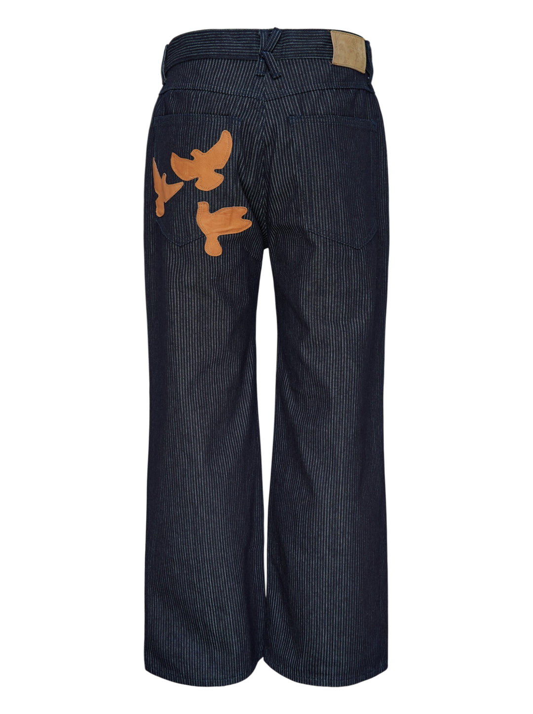 KidSuper Studios Stripe Dove Denim Pants in dark indigo with fine vertical pinstripes, a ridged waistband and a wide-leg cut, shown from the front - view 2