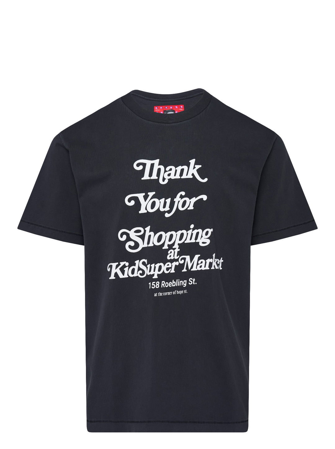 KidSuper Studios black short-sleeve Thank You for Shopping Tee with white retro script graphic and KidSuper Market address print