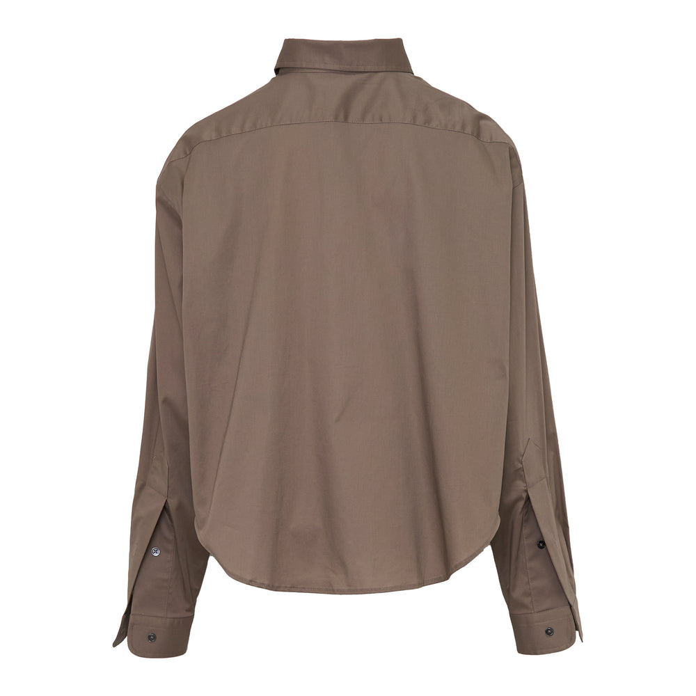 Vaquera oversized button-down blouse in taupe with button-down collar, dark tonal buttons, dropped shoulders, and curved shirttail hem - view 2