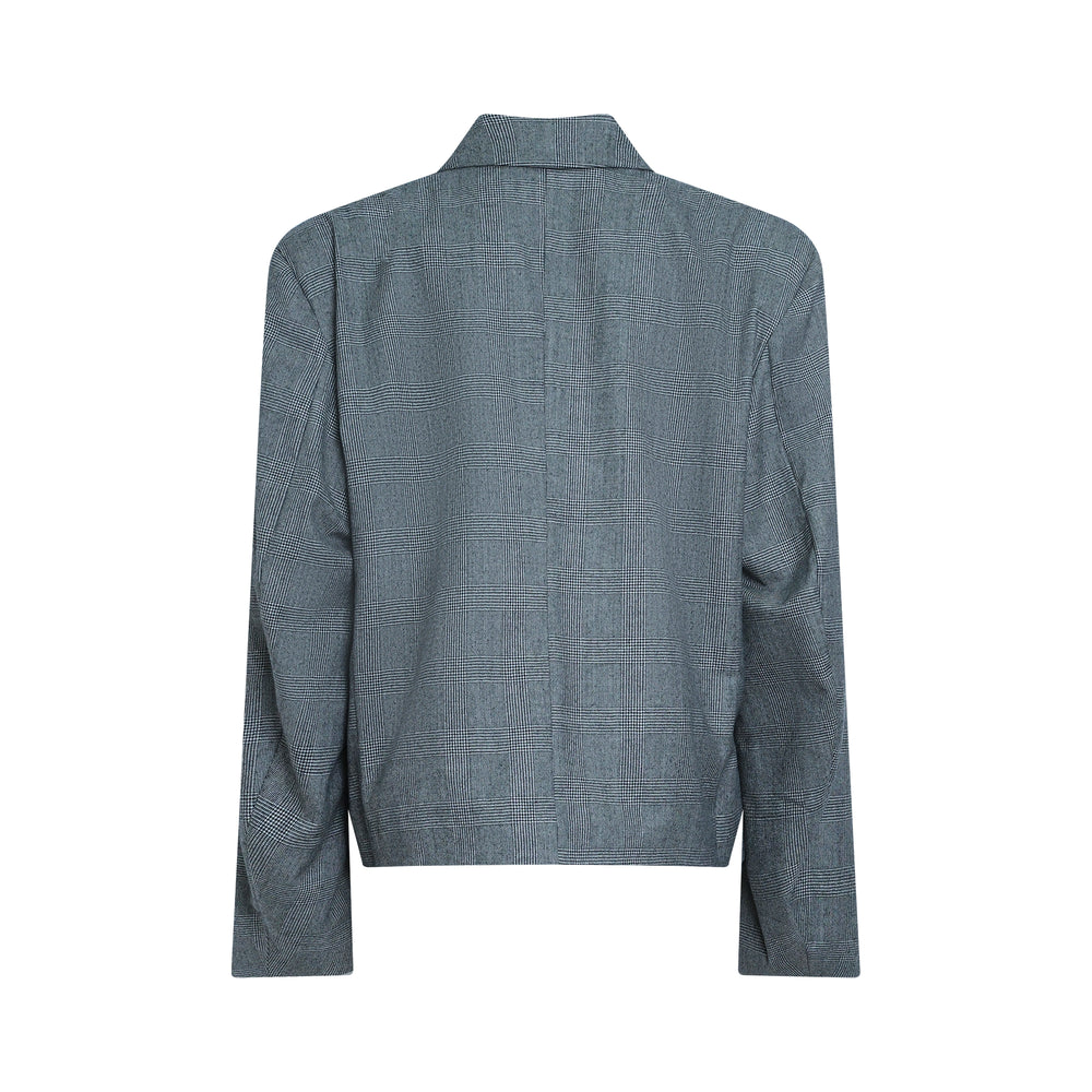 Vaquera grey glen plaid slouchy double-breasted blazer with oversized peak lapels, structured shoulders, cropped hem, and four navy buttons, displayed flat on a white background - view 2