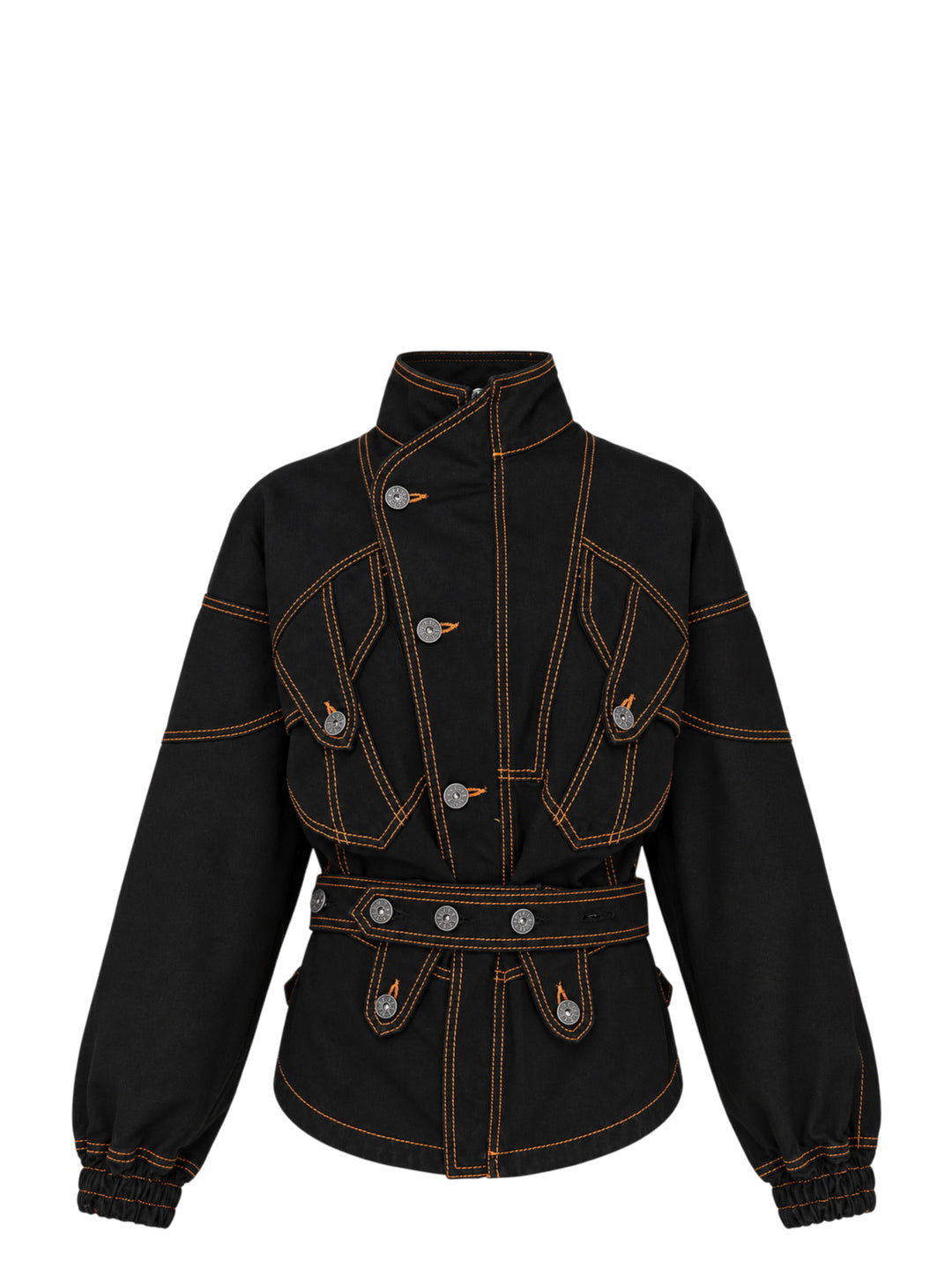 Vaquera women's black denim jacket with orange contrast topstitching, stand collar, button-tab pocket flaps, belted waist and elasticated cuffs